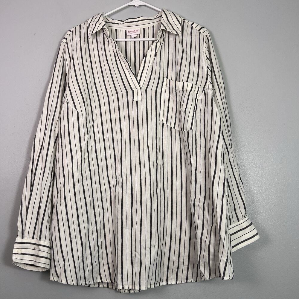Isabel Maternity Pullover Blouse White Black Striped Side Button Split Sz XXL